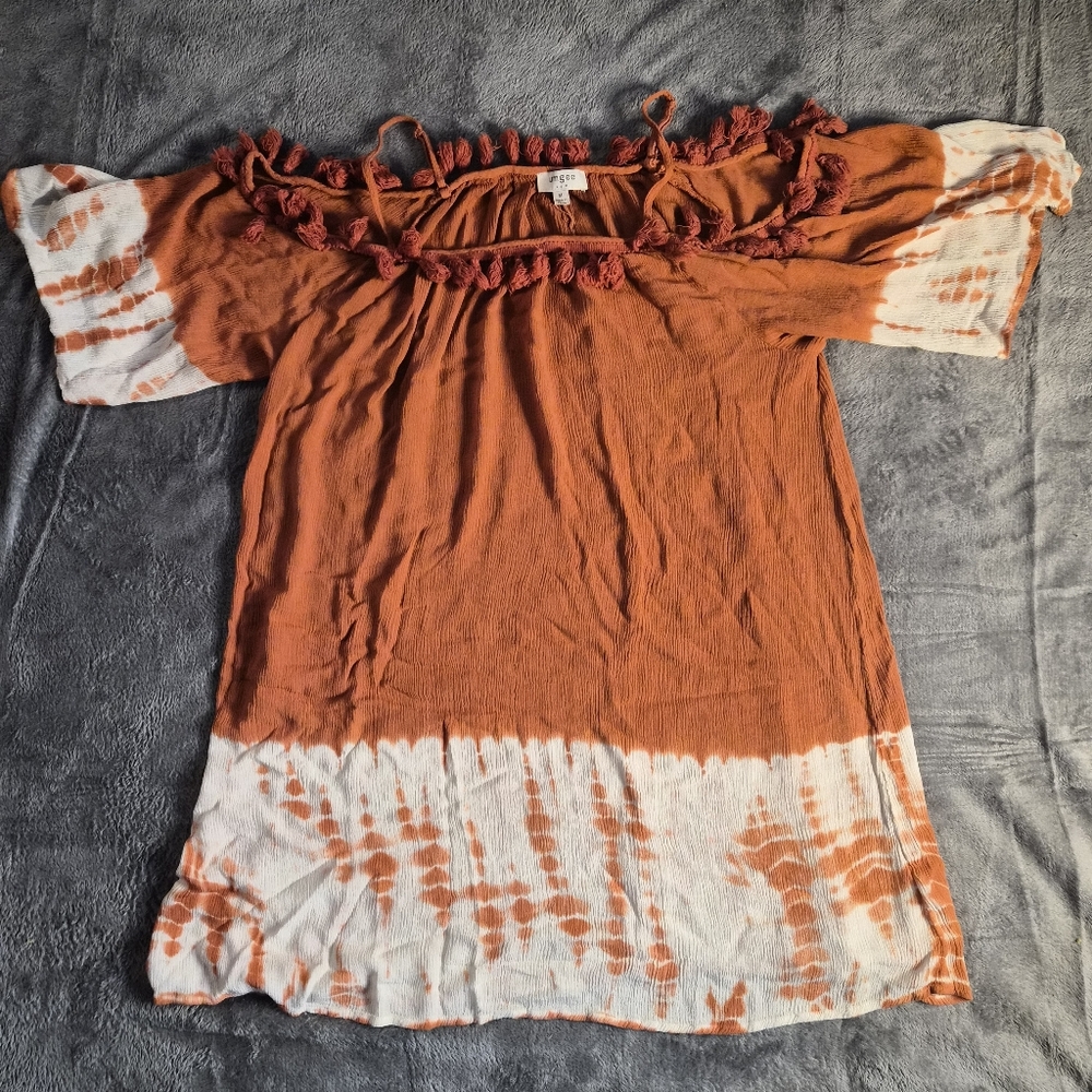 Umgee Bohemian Orange and White Tie-Dye Off-Shoulder Top Size Medium.